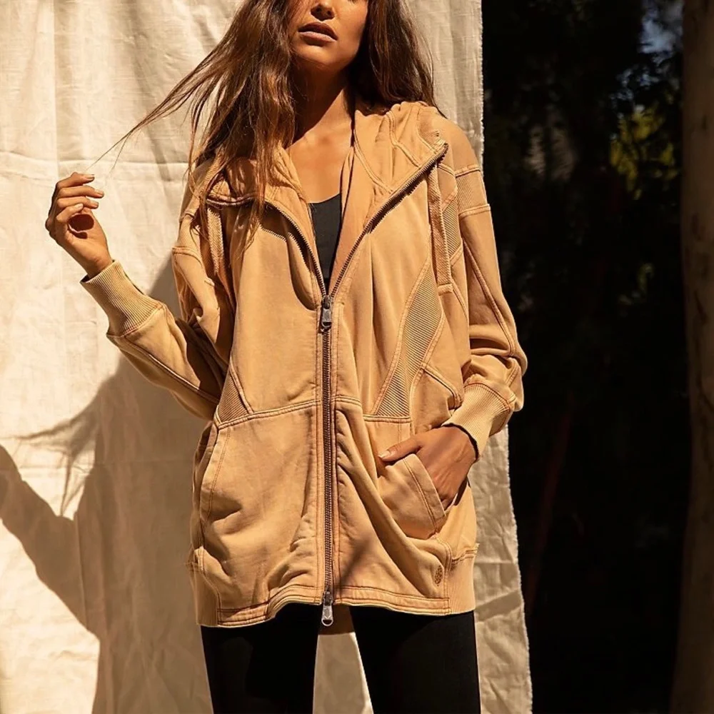 Free People FP Movement All Your Love Solid Tan Oversized Zip Up Hoodie